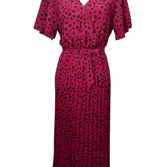 Dark Red Polka Dot Pleated Faux Wrap Dress Size L - Picture 3 of 13
